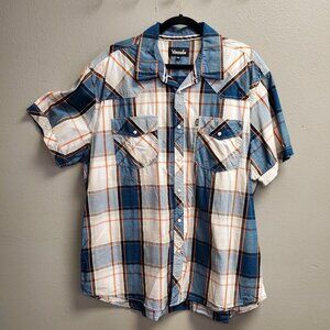 Venzulia Shirt Mens 2XL Blue Orange Plaid Short Sleeve Western Pearl Snap Cotton